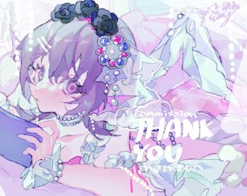 1girl black_flower black_rose blue_gemstone blush closed_mouth commentary_request commission expressionless fins flower full_body gem hair_flower hair_ornament handheld_game_console head_fins highres holding holding_handheld_game_console jewelry looking_at_viewer mermaid monster_girl necklace original pearl_necklace pink_gemstone purple_eyes purple_hair rose shinjitsu_no_kuchi short_hair skeb_commission solo