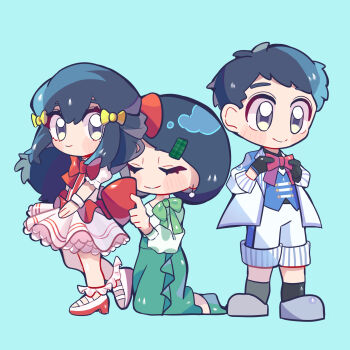 1boy 2girls adjusting_bow aqua_background aqua_shoes aqua_skirt blue_hair blue_vest blush blush_stickers bow bracelet closed_eyes closed_mouth commentary dawn_(pokemon) deformed earrings english_commentary eyelashes frilled_skirt frills green_bow grey_eyes grey_shoes grey_socks hair_bow hair_ornament hairclip high_heels highres jacket jewelry johanna_(pokemon) kneeling long_hair lucas_(pokemon) mother_and_daughter mother_and_son multiple_girls nintendo official_alternate_costume open_clothes open_jacket pink_bow pokemon pokemon_bdsp red_bow red_shoes shirt shoes short_hair short_sleeves shorts sidelocks simple_background skirt smile socks user_vrme3225 very_short_hair vest white_jacket white_shirt white_shorts white_skirt yellow_bow