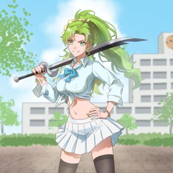 1girl :d ahoge alternate_costume alternate_hairstyle black_thighhighs bleach bleach:_sennen_kessen-hen blue_bow blue_bowtie blurry blurry_background bow bowtie bracelet breasts candice_catnipp collared_shirt commentary day deadman70232800 delinquent eyelashes eyes_visible_through_hair forehead green_eyes green_hair green_nails grin hair_bow hand_on_own_hip hand_up highleg highleg_panties highres holding holding_sword holding_weapon jewelry large_breasts long_sleeves looking_at_viewer miniskirt nail_polish navel open_mouth outdoors over_shoulder panties panty_straps parted_bangs pleated_skirt ponytail school school_uniform shirt sidelocks skirt smile solo stomach sword thighhighs tied_shirt underwear v-shaped_eyebrows wavy_hair weapon weapon_over_shoulder white_shirt white_skirt wide_sleeves yellow_bow yellow_panties zettai_ryouiki