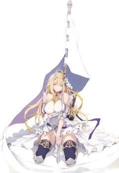 1girl ahoge arm_guards armor bare_shoulders belt blonde_hair blue_boots blue_eyes blush boots breasts choker circlet detached_sleeves dress female_focus flower gauntlets gem granblue_fantasy greaves hair_flower hair_ornament highres jeanne_d&#039;arc_(granblue_fantasy) large_breasts long_hair looking_at_viewer nanahara_fuyuki puffy_short_sleeves puffy_sleeves red_gemstone seiza sheath sheathed short_sleeves sidelocks single_gauntlet sitting smile solo standard_bearer sword thigh_boots thighhighs torn_clothes torn_dress very_long_hair weapon white_dress