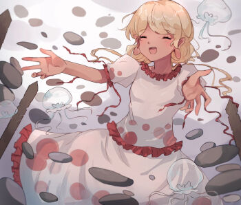 Rule 34 | 1girl, blonde hair, blouse, closed eyes, commentary request, dark-skinned female, dark skin, ebisu eika, frilled shirt, frilled skirt, frilled sleeves, frills, happy, highres, jellyfish, light brown hair, long earlobes, medium hair, moshihimechan, open mouth, outstretched arms, puffy short sleeves, puffy sleeves, rock, rock balancing, shirt, short sleeves, skirt, solo, sotoba, stack, stone, touhou, white shirt, white skirt