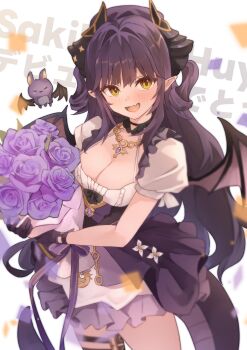 1girl absurdres animal_ears b1ack_illust bat_ears bat_wings blush breasts cleavage flower hair_between_eyes highres jewelry looking_at_viewer necklace open_mouth sakihane_huya stellive wings