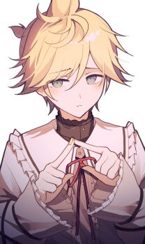 1boy 25-ji_len absurdres art_waven blonde_hair buttons center_frills closed_mouth collared_shirt commentary_request frilled_shirt_collar frilled_sleeves frills frown grey_eyes hair_between_eyes hair_flaps hands_up highres index_fingers_together kagamine_len long_sleeves looking_at_viewer male_focus nail_polish neck_ribbon project_sekai raised_inner_eyebrows red_ribbon ribbon sad shirt short_hair simple_background solo twitter_username upper_body white_background white_shirt yellow_nails