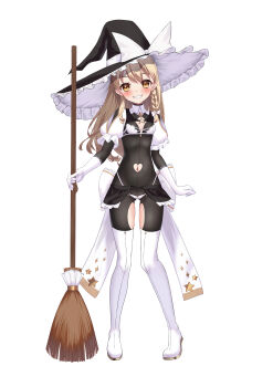 1girl absurdres alternate_costume ambasa back_bow black_bodysuit black_hat black_skirt blonde_hair blush bodysuit boots bow braid breasts broom clothing_cutout collar commentary_request frilled_skirt frills full_body gloves grin hair_bow hat hat_bow heart_cutout highres holding holding_broom kirisame_marisa long_hair looking_at_viewer navel_cutout pigeon-toed puffy_short_sleeves puffy_sleeves short_sleeves single_braid skirt small_breasts smile solo standing star_(symbol) star_print thigh_boots tiptoes touhou white_background white_boots white_bow white_collar white_gloves white_sleeves witch_hat yellow_eyes