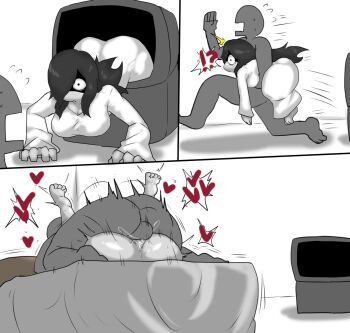 1boy 1girl ass bed bed_sheet breasts clothes enigi09 hair_over_one_eye heart hetero highres huge_breasts long_hair lying mating_press monochrome on_bed sex speech_bubble the_ring vaginal yamamura_sadako