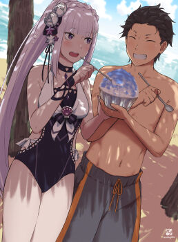 1boy 1girl absurdres beach black_hair blush cloud couple emilia_(re:zero) food gabuillust hair_ornament highres ice_cream long_hair natsuki_subaru navel ocean purple_eyes re:zero_kara_hajimeru_isekai_seikatsu shorts smile swimsuit thighs white_hair