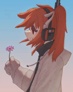 1girl absurdres adachi_rei commentary_request cracked_skin drawstring flower from_side gloves highres holding holding_flower jacket kakureonu medium_hair one_side_up open_clothes open_jacket orange_hair pink_flower solo upper_body utau white_gloves white_jacket