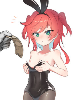 1girl animal_ears bare_shoulders black_hairband black_leotard blush breasts carrot collarbone fake_animal_ears green_eyes hairband highres holding leotard looking_at_viewer nigi_(jhsg7245) nipples pantyhose playboy_bunny rabbit_ears rabbit_tail red_hair short_hair small_breasts solo_focus strapless strapless_leotard striped_background tail wang_xue white_background world_dai_star