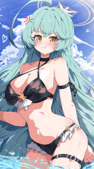 1girl :t absurdres anger_vein bikini black_bikini blue_archive blue_sky blush breasts chinese_commentary cloud collarbone commentary day frilled_bikini frills green_hair halo highres hua-huahua large_breasts long_hair looking_at_viewer navel sky solo swimsuit yellow_eyes yellow_halo yume_(blue_archive)