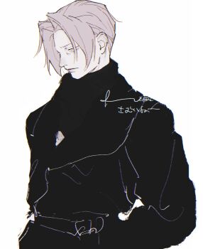 Rule 34 | 1boy, ace attorney, belt, closed mouth, coat, commentary request, cowboy shot, dadadadadaist, frown, greyscale, hair behind ear, highres, long sleeves, male focus, miles edgeworth, monochrome, parted hair, profile, scarf, simple background, solo, unfinished, white background