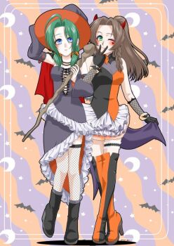 2girls aerith_gainsborough alternate_costume bare_shoulders bat_(animal) bat_ornament black_boots black_dress black_gloves black_sleeves blue_eyes blush boots breasts brown_hair covering_own_mouth crescent_moon demon_costume demon_horns detached_sleeves dress final_fantasy final_fantasy_vi final_fantasy_vii fishnet_gloves fishnet_thighhighs fishnets frilled_dress frills full_body gloves green_eyes green_hair hair_ornament hair_scrunchie halloween_costume hand_over_own_mouth hat high_heel_boots high_heels horns jewelry kirishima_saya locked_arms low_twintails medium_breasts moon multicolored_boots multiple_girls necklace one_eye_closed orange_boots parted_bangs ponytail scrunchie short_dress sidelocks smile thigh_boots thighhighs tina_branford twintails two-tone_boots two-tone_dress v witch witch_hat