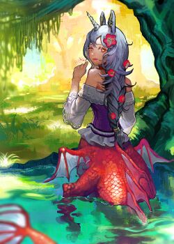 1girl :d animal_ears bare_shoulders braid centauroid chimera commentary_request cowboy_shot dragon_wings ear_piercing flower forest from_behind hair_between_eyes hair_flower hair_ornament highres horns horse_ears long_hair looking_at_viewer monster_girl multiple_legs nature open_mouth original partially_submerged piercing pond purple_shirt red_eyes red_scales shirt sidelocks signature single_braid single_horn smile solo tail taur unicorn_horn water waterstaring white_sleeves wings
