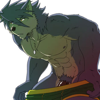 1boy abs animal_ears bara bare_pectorals biceps black_male_underwear collarbone commentary_request dog_boy dog_ears flaccid furry furry_male grey_fur grey_hair highres jewelry kouya_aotsuki looking_to_the_side male_focus male_underwear male_underwear_pull morenatsu muscular muscular_male navel necklace nipples open_mouth pectorals penis penis_peek run_aki topless_male underwear white_background