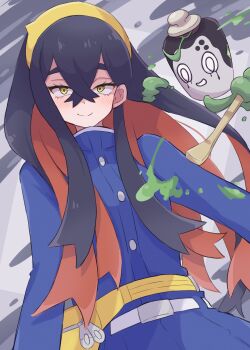 1girl absurdres black_hair blue_jacket blue_pants blueberry_academy_school_uniform blush carmine_(pokemon) closed_mouth colored_inner_hair crossed_bangs hair_between_eyes hairband highres jacket long_hair long_sleeves looking_at_viewer multicolored_hair nintendo pants piyo_to_game pokemon pokemon_(creature) pokemon_sv poltchageist red_hair school_uniform smile two-tone_hair yellow_hairband