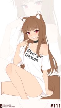 1girl absurdres animal_ear_fluff animal_ears bottomless brown_hair finger_to_cheek highres holo likunea long_hair red_eyes shirt solo spice_and_wolf t-shirt white_shirt wolf_ears wolf_girl