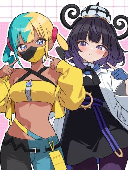 2girls aqua_hair bandeau belt belt_buckle black_belt black_dress black_hair black_mask black_pants black_pantyhose blonde_hair blue_eyes blue_gloves blue_pants blunt_bangs blush bob_cut breasts buckle canari_(pokemon) closed_mouth coat criss-cross_straps dark-skinned_female dark_skin dress gloves gradient_hair gwynn_(pokemon) hat highres jacket long_sleeves looking_at_viewer mask medium_breasts mega_stone mouth_mask multicolored_hair multiple_girls navel nintendo o-ring o-ring_belt odorukaminoke open_clothes open_coat pants pantyhose partially_fingerless_gloves pointing pointing_at_self pokemon pokemon_legends:_z-a purple_eyes purple_hair short_hair short_twintails smile split-color_hair sports_bra twintails two-tone_hair two-tone_mask two-tone_pants white_coat yellow_bandeau yellow_jacket yellow_mask yellow_sports_bra