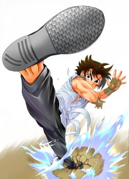 Rule 34 | 1boy, absurdres, attack, bandaid, bandaid on cheek, bandaid on face, black pants, brown eyes, brown hair, commentary request, crack, cracked floor, flipped hair, full body, highres, kicking, leg up, matsuena shun, motion blur, motion lines, official art, open hand, pants, shijou saikyou no deshi ken'ichi, shirahama ken'ichi, sleeveless, solo, standing, standing on one leg, sweat, v-shaped eyebrows, white dougi, wide-eyed, wind