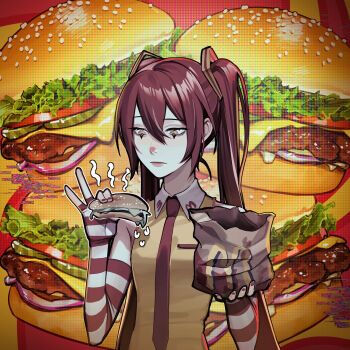 1girl arm_warmers arms_up bag bare_shoulders burger cheese closed_mouth commentary cosplay disappointed english_commentary food grease_(food) hair_between_eyes hair_intakes hatsune_miku highres holding holding_bag holding_burger holding_food lavelis lettuce logo long_hair looking_at_food makeup mcdonald's meat necktie red_hair red_necktie ronald_mcdonald ronald_mcdonald_(cosplay) shirt smell solo striped_arm_warmers striped_clothes tomato tomato_slice truth twintails upper_body vocaloid wing_collar yellow_eyes yellow_shirt