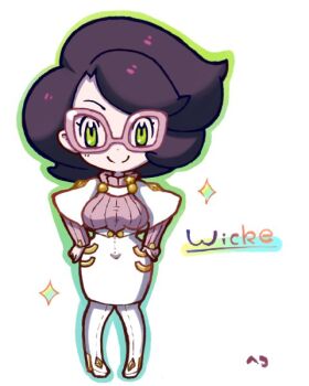 1girl big_hair boots breasts capelet character_name chibi commentary_request glasses green_eyes hands_on_own_hips hekoningyou_(waraningyou) high-waist_skirt long_sleeves medium_skirt nintendo pencil_skirt pink-framed_eyewear pink_sweater pokemon pokemon_sm purple_hair ribbed_sweater short_hair skirt smile solo sweater sweater_guard turtleneck turtleneck_sweater white_boots white_capelet white_skirt wicke_(pokemon)