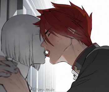 2boys artist_name backlighting blunt_bangs blunt_ends blurry blush bob_cut breath close-up closed_eyes couple depth_of_field face-to-face faceless faceless_male facing_another fingernails french_kiss from_side gakuran hair_between_eyes heavy_breathing height_difference high_collar highres holding_hands imminent_kiss interlocked_fingers jacket japanese_clothes kimono kiss leaning_forward licking lips long_sleeves male_focus male_saniwa_(touken_ranbu) multiple_boys ookanehira_(touken_ranbu) open_mouth partially_colored photoshop_(medium) red_hair saniwa_(touken_ranbu) school_uniform sexually_suggestive sexy_kaido shade short_hair signature simple_background sliding_doors spiked_hair sunlight sweat sweatdrop teeth tongue tongue_out touken_ranbu twitter_username upper_body upper_teeth_only white_background window yaoi