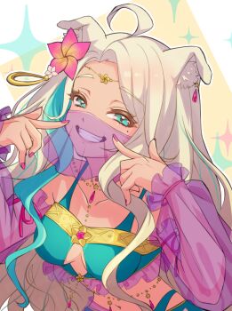 1girl ahoge animal_ear_fluff animal_ears aqua_dress aqua_eyes aqua_streaks artist_request blonde_hair breasts collarbone commentary_request dog_ears dog_girl dress fingernails fingers_to_cheeks flower frilled_dress frills grin hair_flower hair_ornament hands_up highres indie_virtual_youtuber jewelry long_hair looking_at_viewer mask medium_breasts mole mole_under_eye mona_meria mouth_mask multicolored_hair nail_polish necklace pink_nails purple_mask second-party_source see-through_clothes see-through_mask smile solo streaked_hair upper_body virtual_youtuber