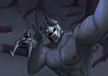 2boys bara black_skin chest_hair colored_skin horns knight multiple_boys muscular original rainsparkz v yellow_eyes