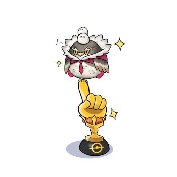 animal animal_focus bird brown_eyes cape commentary_request fong_(fongthe0125) ganmo_(takane_lui) highres hololive necktie no_humans red_cape red_necktie shadow simple_background sparkle trophy white_background