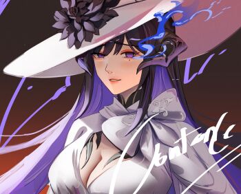 1girl absurdres black_hair black_horns breasts brown_background character_name cleavage commentary constance_(honkai:_star_rail) dress english_commentary hat highres honkai:_star_rail honkai_(series) horns large_breasts long_hair mole mole_under_eye notgustiarp parted_lips purple_eyes purple_hair solo upper_body very_long_hair white_dress white_hat