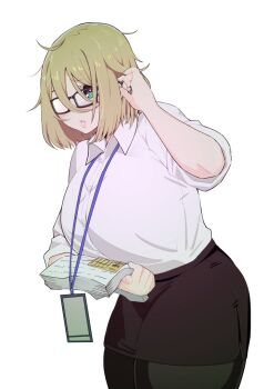 1girl adjusting_eyewear black-framed_eyewear black_pantyhose black_skirt blonde_hair breasts buttons collared_shirt formal_clothes glasses green_eyes highres holding holding_paper huge_breasts id_card office_lady one_eye_covered original pantyhose paper paper_stack pencil_skirt rectangular_eyewear shirt shirt_tucked_in simple_background skirt sleeves_rolled_up ukavonnak unkempt white_background white_shirt
