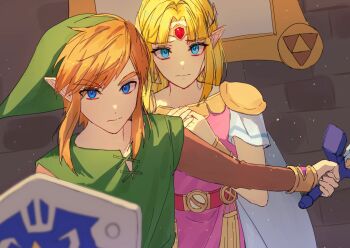 1boy 1girl armor belt blonde_hair blue_eyes blurry bracelet cape circlet closed_mouth commentary depth_of_field dress dutch_angle earrings english_commentary eyebrows_hidden_by_hair eyes_visible_through_hair green_hat hat highres holding holding_sword holding_weapon hylian_shield indoors jewelry link long_hair long_sleeves looking_at_viewer master_sword neck neosilleosil nervous nintendo orange_hair outstretched_arm own_hands_together pauldrons pink_belt pink_dress pointy_ears portrait princess princess_zelda protecting serious shield short_hair short_sleeves shoulder_armor sidelocks standing sword the_legend_of_zelda the_legend_of_zelda:_a_link_between_worlds thick_eyebrows triforce_print weapon white_cape