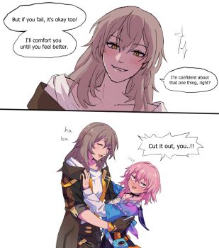 2girls bell belt black_belt black_border black_gloves black_jacket black_skirt blue_eyes blue_jacket blush border breasts buttons camera closed_eyes clothes_around_waist collarbone collared_shirt commentary cowboy_shot english_commentary english_text gloves grey_hair hair_between_eyes half-closed_eyes hand_on_another&#039;s_chest hand_up highres honkai:_star_rail honkai_(series) jacket kiwiteamlp lapels long_hair looking_afar march_7th_(honkai:_star_rail) march_7th_(preservation)_(honkai:_star_rail) medium_breasts miniskirt multicolored_eyes multiple_girls multiple_views neck_bell open_clothes open_jacket open_mouth pink_eyes pink_hair puffy_nipples shirt short_hair sidelocks simple_background skirt smile sparkle speech_bubble standing stelle_(honkai:_star_rail) sweat t-shirt teeth tied_jacket trailblazer_(honkai:_star_rail) upper_body white_background white_shirt yellow_eyes yuri