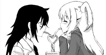 2girls ^_^ absurdres bags_under_eyes black_hair blazer closed_eyes crazy_straw drinking_straw closed_eyes from_side greyscale heart_straw highres hood jacket kuroki_tomoko kuromilk long_hair monochrome multiple_girls nemoto_hina profile shared_drink shared_straw simple_background drinking smile two_side_up watashi_ga_motenai_no_wa_dou_kangaetemo_omaera_ga_warui! white_background yuri
