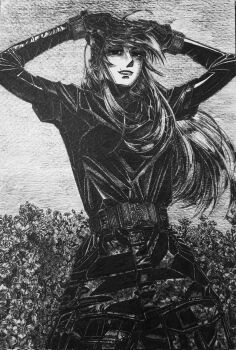 1girl arms_up belt belt_around_waist black_jacket bordfunker133 camouflage camouflage_pants commentary digital_camouflage english_commentary evgenia_blinova greyscale grin hands_in_own_hair highres jacket long_hair looking_at_viewer monochrome original pants photo_(medium) russo-ukrainian_war smile soldier solo war_in_donbass