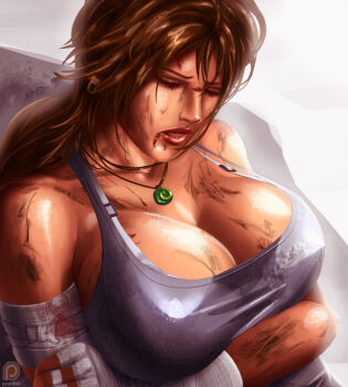 1girl bandages bare_shoulders blood breast_hold breasts brown_hair cleavage jewelry lara_croft large_breasts light long_hair necklace tomb_raider tomb_raider_(reboot)