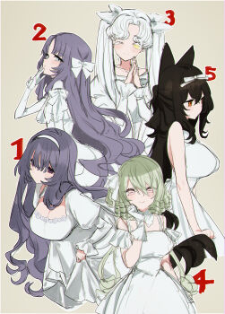 5girls absurdres animal_ears black_hair blue_eyes bow breasts brown_eyes cat_ears cat_girl cat_tail cleavage closed_mouth commentary_request double-parted_bangs dress eurasia_(wtp09ptw14) francoise_(eurasia) gloves green_background green_hair hair_between_eyes hair_bow hairband hand_to_own_mouth hand_up highres horizontal_pupils large_breasts lem=0=n_(eurasia) long_bangs long_hair long_sleeves looking_at_viewer medium_breasts mole mole_under_eye multiple_girls one_eye_closed original own_hands_together parted_bangs pink_eyes purple_eyes purple_hair short_sleeves simple_background sketch sleeveless sleeveless_dress smile tail white_bow white_dress white_gloves white_hair white_hairband yellow_eyes zoenuria_(eurasia)