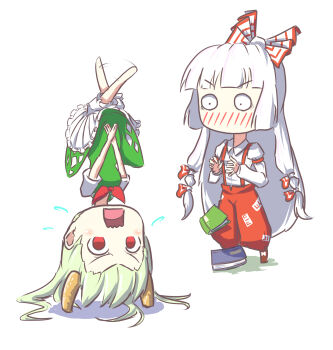 bloomers blush book dropping embarrassed ex-keine flailing fujiwara_no_mokou highres horns kamishirasawa_keine kicking_legs no_pupils peroponesosu. red_eyes standing stuck surprised sweatdrop touhou underwear upside-down upskirt white_background