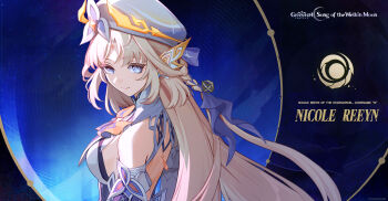 1girl backless_outfit blonde_hair blue_eyes blue_ribbon braid breasts character_name closed_mouth commentary copyright_name detached_sleeves earrings english_commentary facial_mark forehead_mark genshin_impact hair_ribbon hat highres jewelry long_hair looking_at_another looking_at_viewer looking_back medium_breasts nicole_reeyn official_art parted_bangs ribbon sideboob sidelocks small_breasts smile solo upper_body very_long_hair white_hat