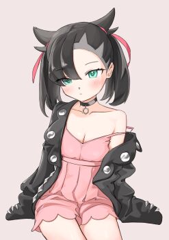 1girl absurdres asymmetrical_bangs black_choker black_hair black_jacket blush breasts choker cleavage collarbone commentary_request dress green_eyes hair_ribbon highres jacket kachi_5057 marnie_(pokemon) nintendo open_clothes open_jacket pink_dress pokemon pokemon_swsh ribbon short_dress simple_background single_bare_shoulder single_off_shoulder sitting sleeves_past_wrists small_breasts solo strap_slip twintails