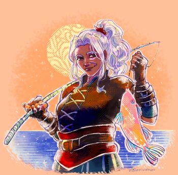 1girl alt_text commentary dark-skinned_female dark_skin english_commentary fingerless_gloves fire_emblem fire_emblem_engage fish fishing_rod gloves highres holding holding_fishing_rod lips long_hair looking_at_viewer nintendo ocean official_alternate_costume ponytail saphir_(fire_emblem) smile solo spectacledraws white_hair