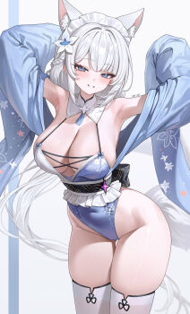 Rule 34 | 1girl, abpart, absurdres, animal ear fluff, animal ears, armpits, arms up, artist name, blue eyes, blue leotard, blush, breasts, collar, commentary, covered navel, detached collar, english commentary, flower, fox ears, fox girl, fox tail, frilled leotard, frills, hair flower, hair ornament, halter leotard, halterneck, highleg, highleg leotard, highres, large breasts, leotard, long hair, looking at viewer, maid headdress, mixed-language commentary, mole, mole on thigh, mole under eye, multiple moles, otoha (stella sora), paid reward available, parted lips, smile, solo, standing, stella sora, tail, thighhighs, very long hair, white collar, white flower, white hair, white thighhighs