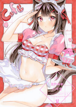1girl absurdres animal_ear_fluff animal_ears apron border bowl breasts cat_ears cat_girl cat_tail center-flap_bangs checkered_clothes cleavage commentary_request cowboy_shot cropped_shirt floating_clothes food frilled_shirt frills hair_ribbon hand_up highres holding holding_tray ice_cream looking_at_viewer maid maid_headdress marker_(medium) multicolored_shirt navel no_pants original outside_border parted_lips pink_eyes pink_shirt puffy_short_sleeves puffy_sleeves raised_inner_eyebrows red_border red_ribbon ribbon shin_kun30 shirt short_sleeves solo stomach tail traditional_media tray unconventional_maid waist_apron watermark white_apron white_background