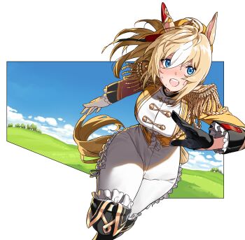1girl absurdres animal_ears asdf_4532 asymmetrical_gloves asymmetrical_jacket black_gloves blonde_hair blue_eyes blue_sky bodysuit durandal_(chevalier_fidele)_(umamusume) durandal_(umamusume) ear_covers epaulettes frilled_bodysuit gloves highres horse_ears horse_girl horse_tail mismatched_gloves open_mouth outside_border running simple_background single_ear_cover sky smile solo sweat tail teeth umamusume upper_teeth_only white_background white_bodysuit white_gloves white_streaks