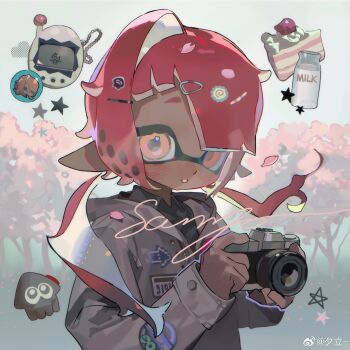 Rule 34 | 1girl, absurdres, acuteghost, black shirt, bottle, brown coat, cake, cake slice, camera, coat, collared shirt, commentary, dark-skinned female, dark skin, food, food-themed hair ornament, hair ornament, hairclip, highres, holding, holding camera, hood, hood down, hooded coat, inkling, inkling girl, inkling player character, long hair, long sleeves, looking at viewer, low twintails, milk bottle, narutomaki hair ornament, nintendo, parted lips, pointy ears, red eyes, red hair, sample watermark, shirt, single hair intake, solo, splatoon (series), squid hair ornament, symbol-only commentary, tamagotchi (virtual pet), tentacle hair, twintails, upper body, virtual pet (toy), watermark, weibo watermark