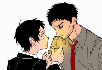2boys adachi_tooru black_hair cigarette closed_mouth collared_shirt commentary doujima_ryoutarou facial_hair fire grey_eyes grey_shirt highres holding holding_lighter lighter lighting_cigarette long_sleeves looking_at_another male_focus mouth_hold multiple_boys necktie persona persona_4 red_necktie shirt shiryoku_kensa short_hair simple_background stubble symbol-only_commentary unlit_cigarette_in_mouth upper_body white_background