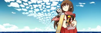 Rule 34 | 1girl, :t, akagi (kancolle), arrow (projectile), blue sky, blush, brown eyes, brown gloves, brown hair, cloud, commentary request, day, food, food on face, gloves, hakama, hakama skirt, holding, holding food, japanese clothes, kantai collection, kimono, long hair, long sleeves, muneate, ocean, ohagi (iihatobu05), outdoors, partially fingerless gloves, partly fingerless gloves, pink scarf, quiver, red hakama, rigging, roasted sweet potato, scarf, single glove, skirt, sky, solo, sweet potato, tasuki, water, wide sleeves, yugake