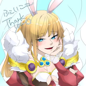 1girl animal_ears blonde_hair blue_eyes blush breasts brooch cleavage collar commentary_request detached_collar dress elemental_master_(ragnarok_online) fur_collar hagoromo hand_on_own_cheek hand_on_own_face highres jewelry looking_at_viewer medium_breasts mero_(romechhn) open_mouth rabbit_ears rabbit_girl ragnarok_online red_dress shawl solo upper_body white_background white_collar