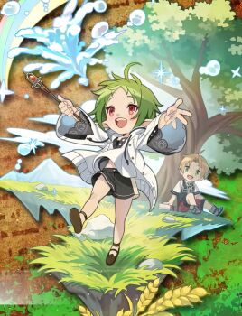1boy 1girl ahoge book brown_hair casting_spell cloud commentary_request grass green_eyes green_hair highres holding holding_wand hydrokinesis looking_at_another md5_mismatch mushoku_tensei official_art on_grass rainbow red_eyes resized rudeus_greyrat sevens_story sitting smile sylphiette_(mushoku_tensei) tree upscaled wand water wheat