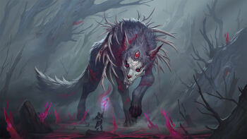 1other animal arm_up bare_tree bone grey_sky highres holding holding_staff hood hood_up long_sleeves looking_at_another magic minard_maxime monster original outdoors red_eyes sharp_teeth size_difference sky staff teeth third_eye tree wizard wolf