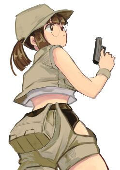 Rule 34 | bag, belt, brown eyes, brown hair, crop top, field cap, fio germi, glasses, gun, handbag, hashtag-only commentary, hat, highres, holding, holding gun, holding weapon, metal slug, military, ponytail, round eyewear, shorts, tikuwabu 33, weapon, white background