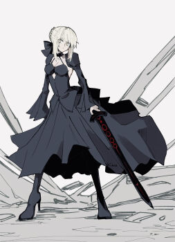 1girl artoria_pendragon_(fate) black_dress blonde_hair braid breasts cleavage clothing_cutout dress excalibur_morgan_(fate) fate/grand_order fate_(series) hair_bun hair_ribbon highres holding holding_sword holding_weapon ki_wa001 long_sleeves looking_at_viewer medium_breasts puffy_sleeves ribbon saber_alter saber_alter_(third_ascension) short_hair single_hair_bun solo sword weapon white_background yellow_eyes